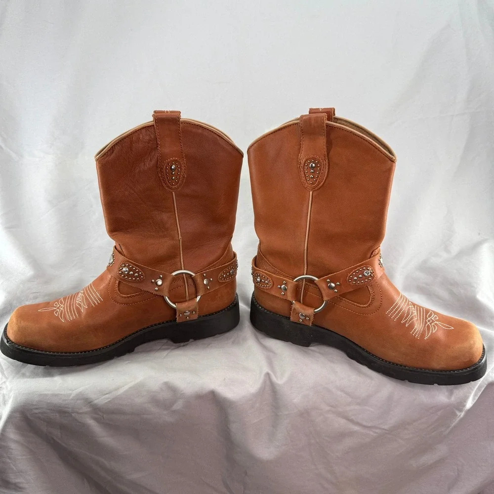 Roper 9.5 Brown Leather Western Harness Chunk Boots Studded Lug Sole Womens